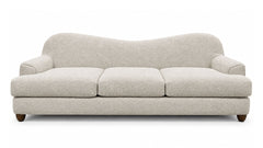 A modern three-seat sofa upholstered in a textured cream bouclé fabric, featuring a curved backrest and dark wooden legs, shown against a plain white background.