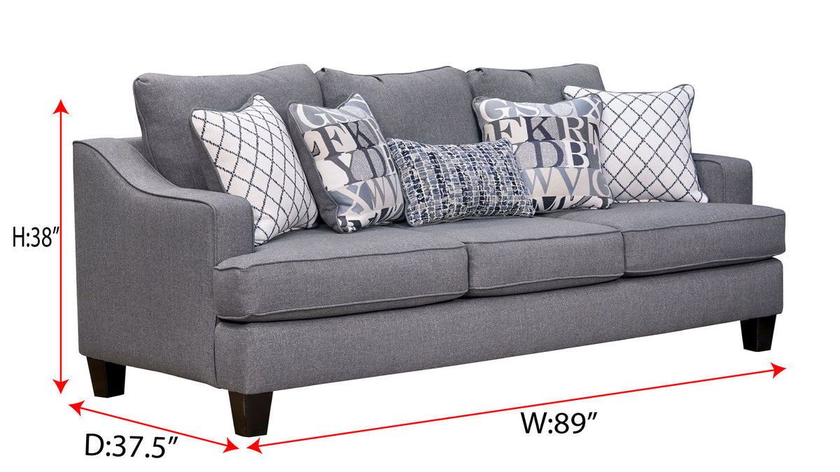 Cadet Sofa - Contemporary Gray Upholstered Sofa with 5 Accent Pillows