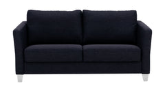 A black full XL sleeper sofa with cushions, featuring a wooden frame and sleeper mechanism.