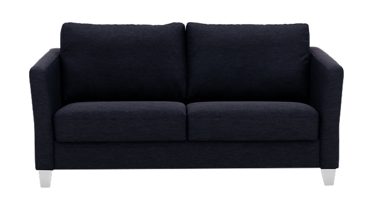 A black full XL sleeper sofa with cushions, featuring a wooden frame and sleeper mechanism.