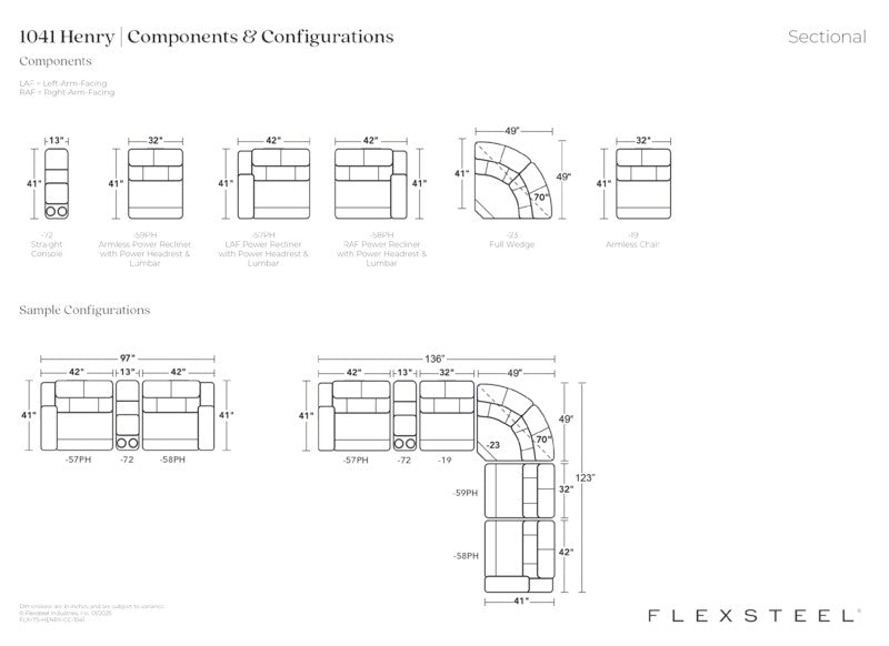 Technical drawings of sectional furniture components with Flexsteel branding.