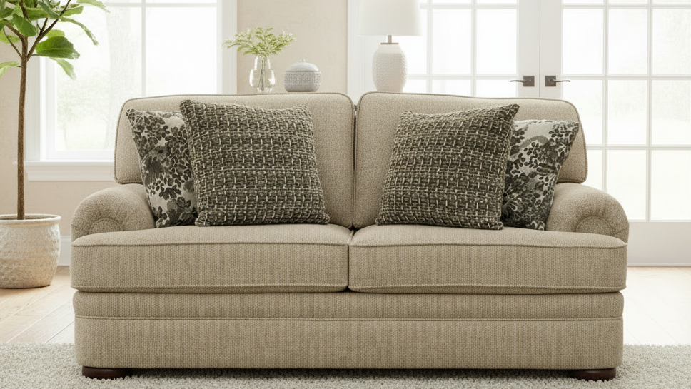 Beige sofa with patterned cushions in a bright living room.