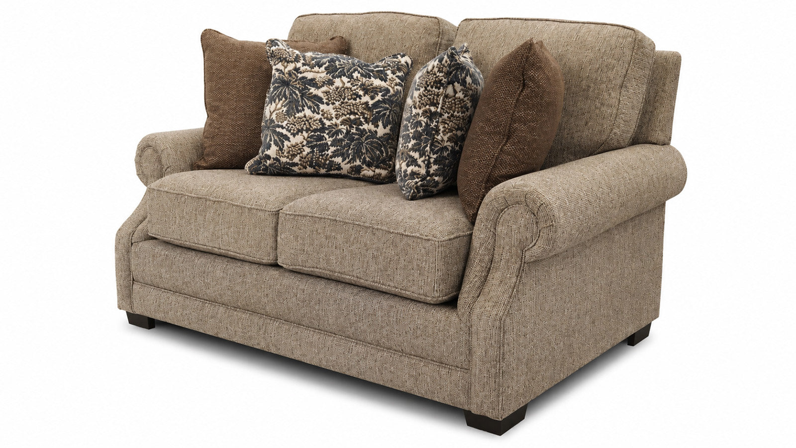 Brown sofa with patterned cushions on a white background