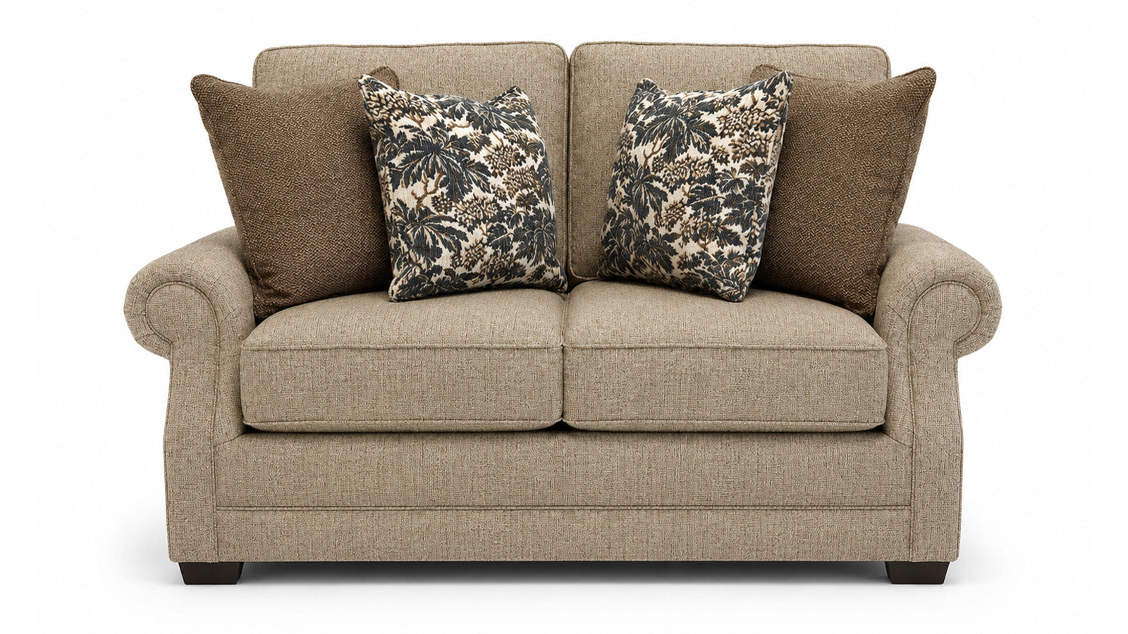 Beige sofa with patterned and solid color cushions on a white background