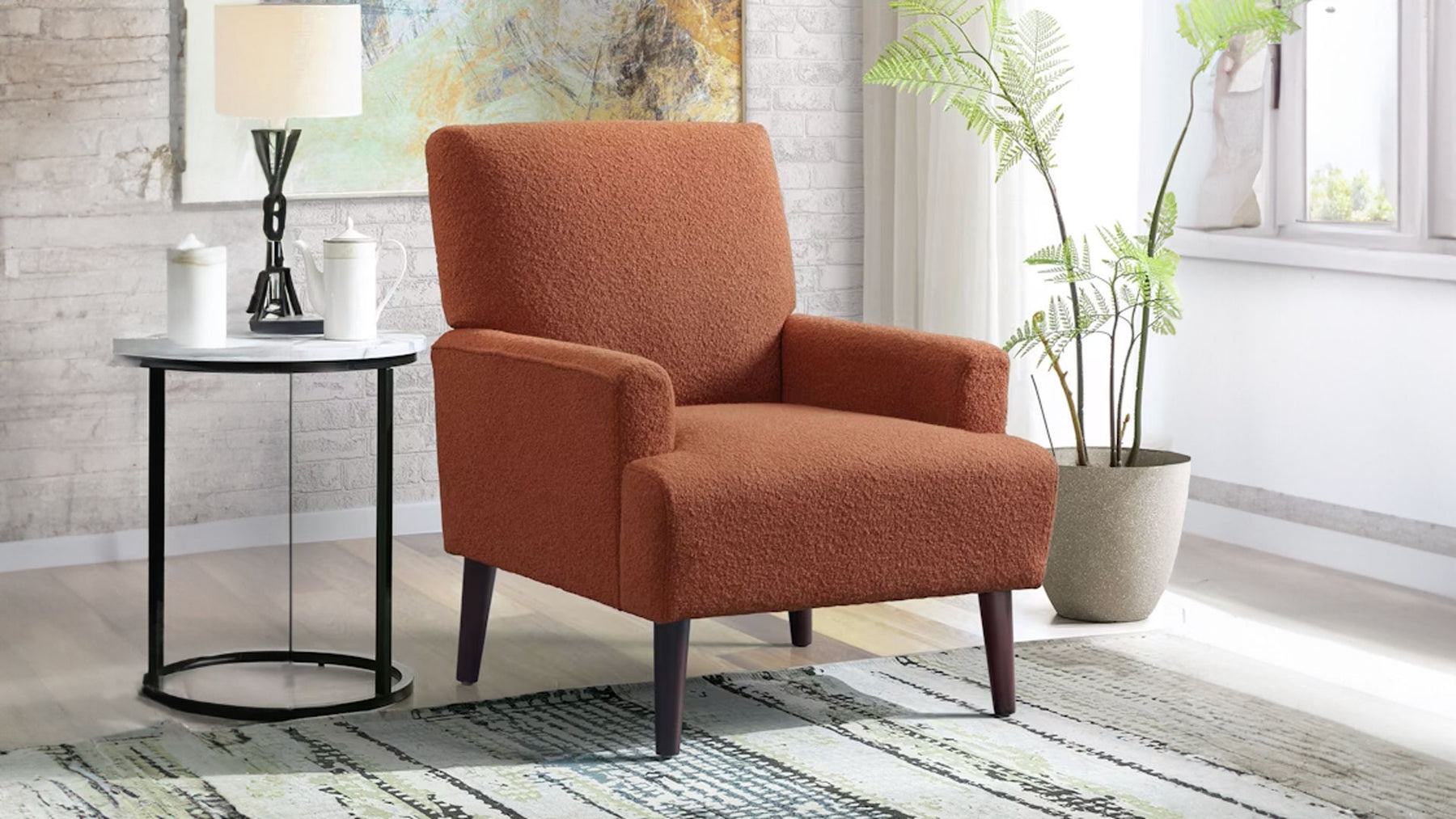 Kiwi Mid-Century Accent Chair – Orange Bouclé Upholstered Chair with Wood Legs