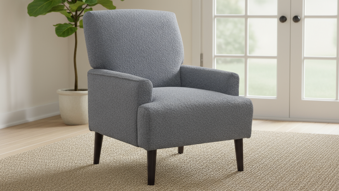 Kiwi Accent Chair – Grey Bouclé Upholstered Armchair with Wood Legs
