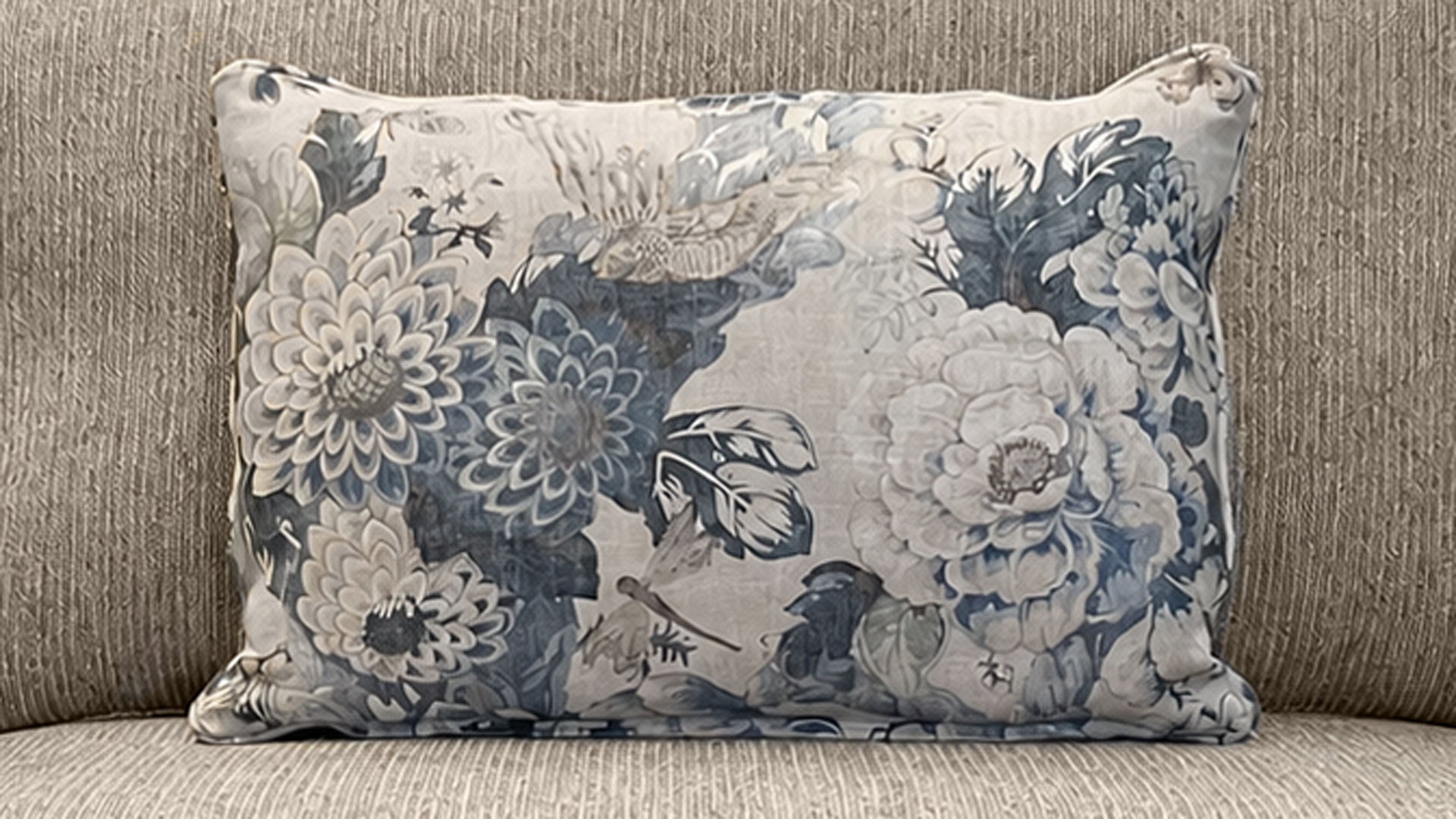 Cojín con estampado floral sobre un sofá beige