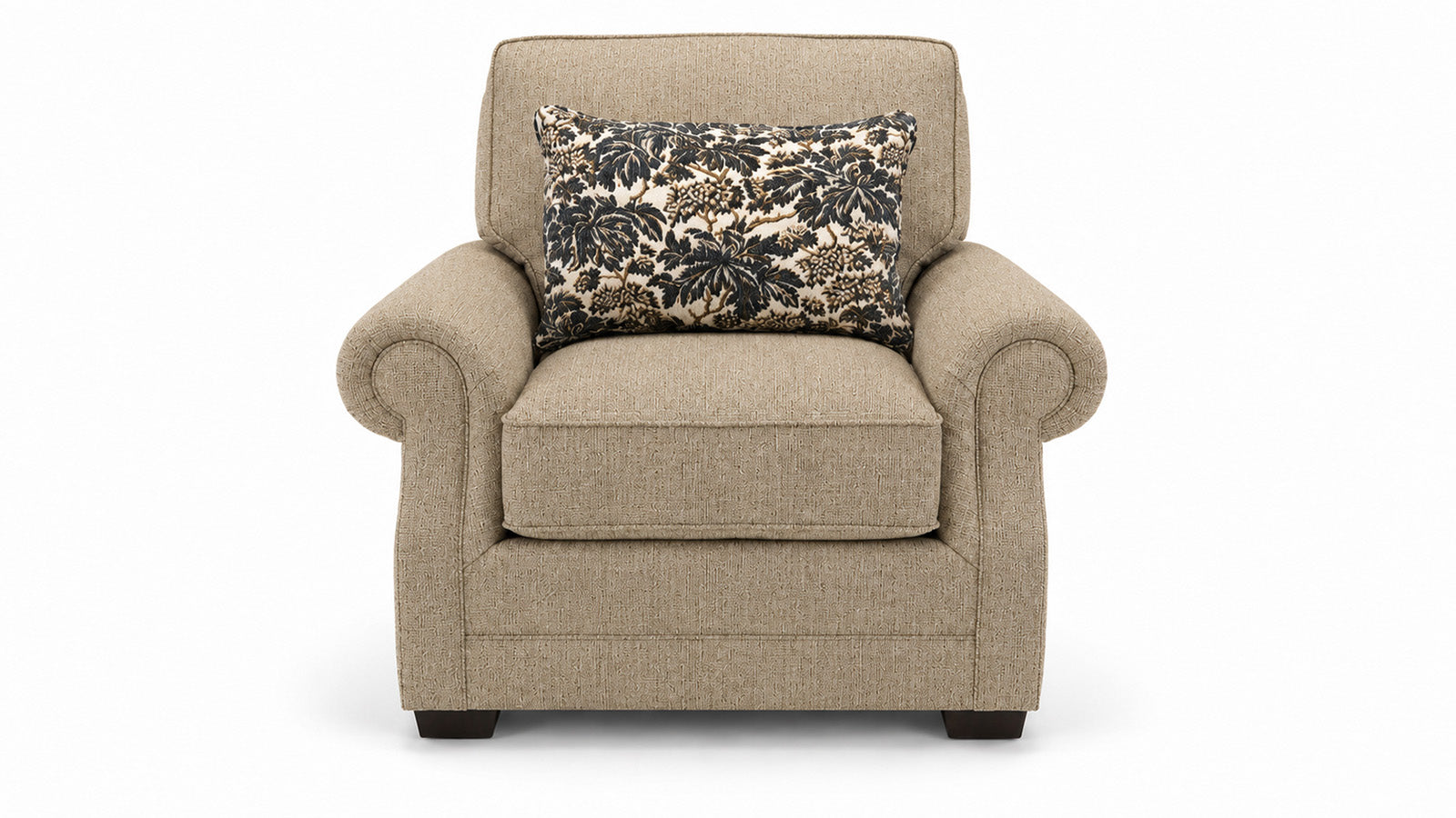 Beige armchair with a floral-patterned pillow on a white background