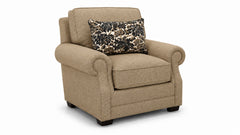 Beige armchair with a decorative pillow on a white background
