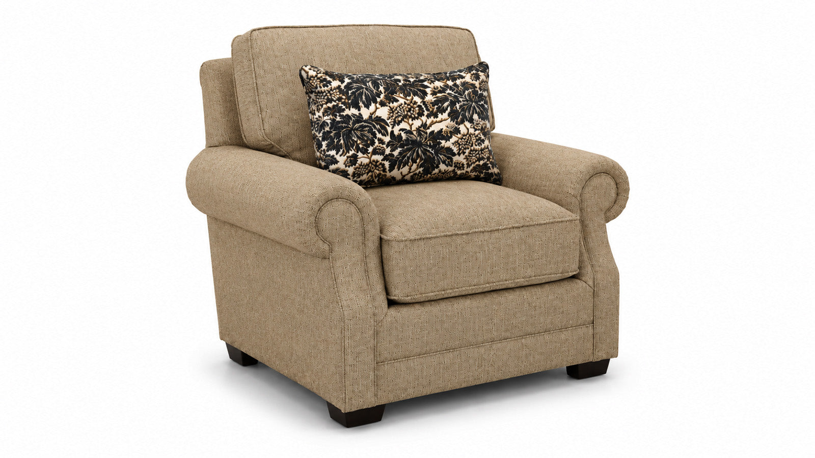 Beige armchair with a decorative pillow on a white background