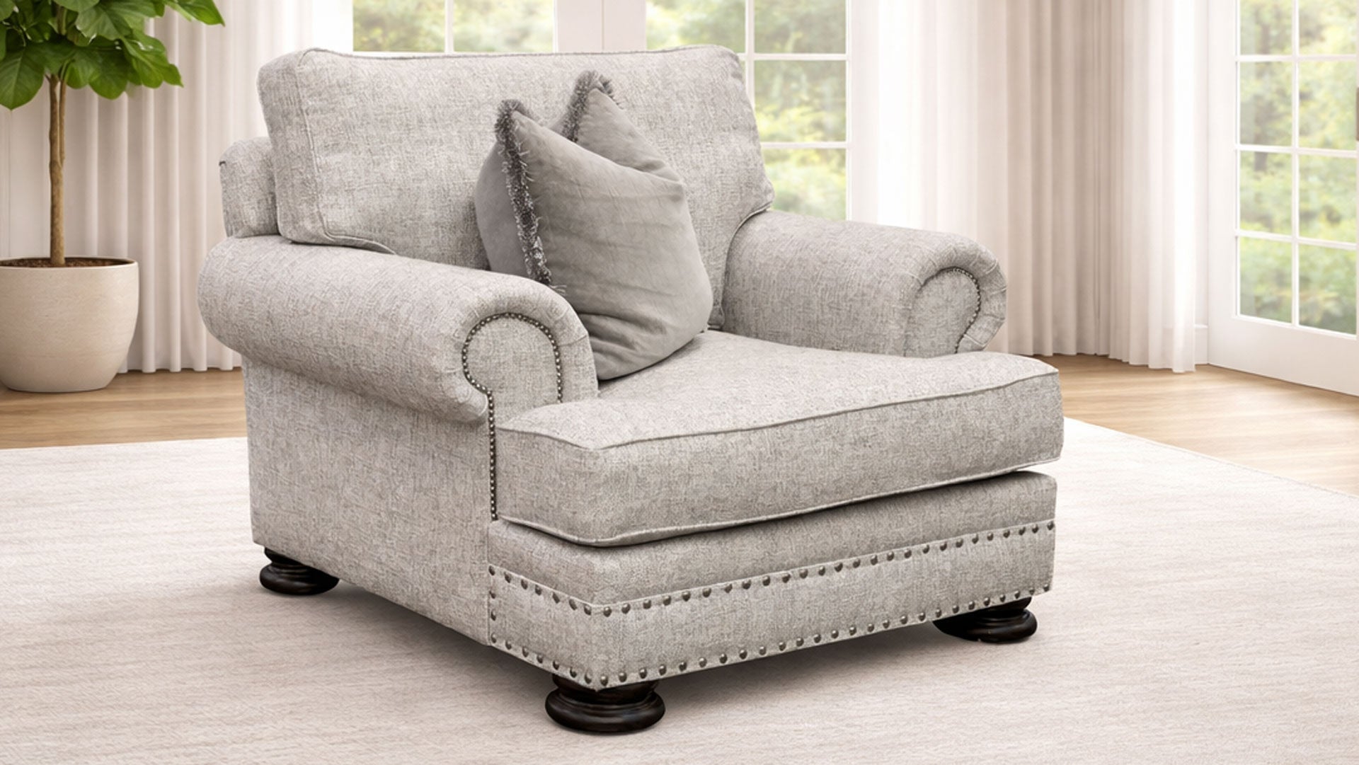 Gray armchair with cushions in a living room setting