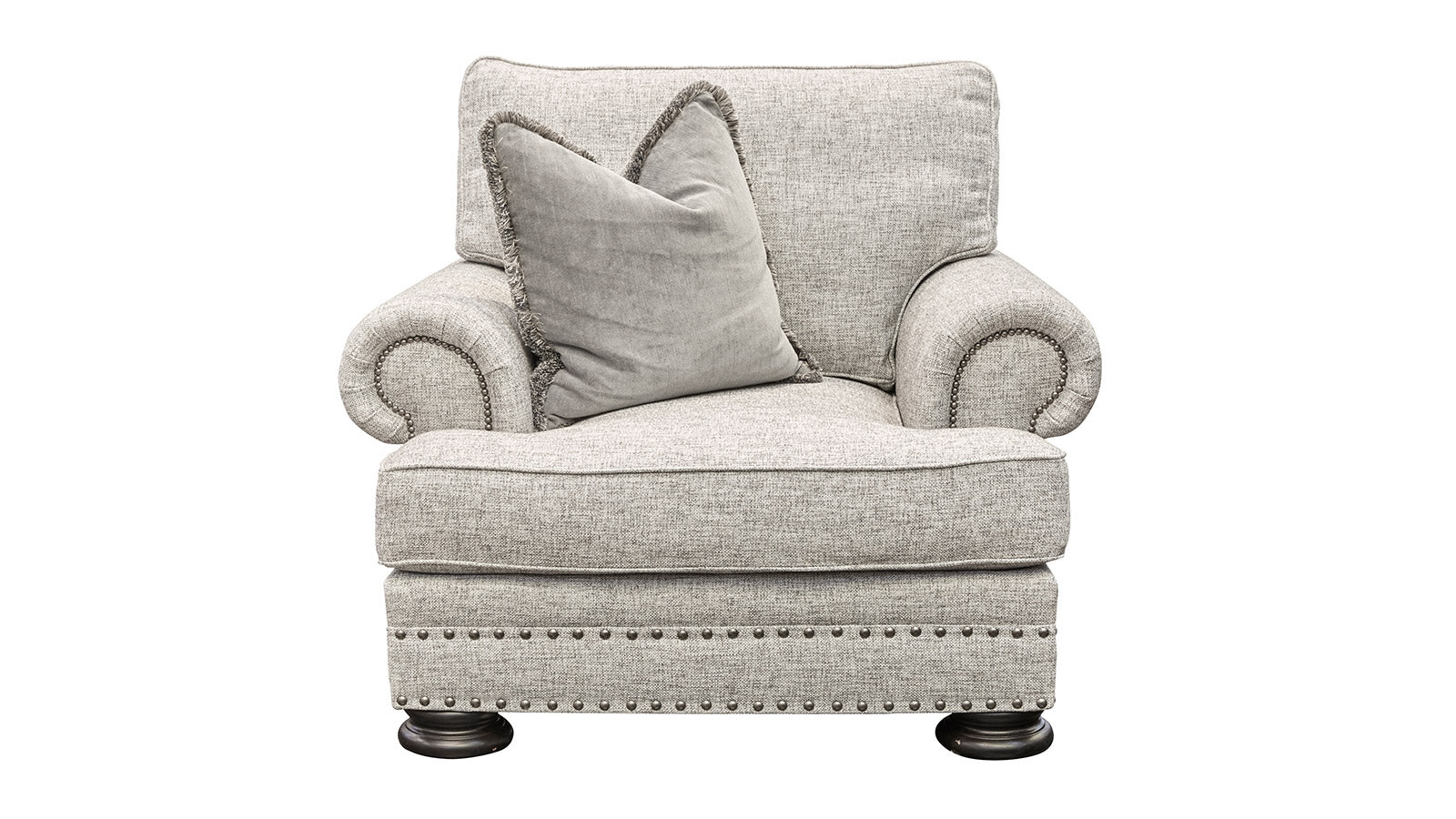 A gray upholstered armchair with a durable hardwood frame, high-density polyurethane foam seat cushion, and additional back cushions. The chair features clean piping, exposed wood legs, and recessed arms with button tufting and welt trim.