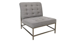 A modern gray tufted accent chair with a square metal frame, shown from a three-quarter angle on a plain white background.