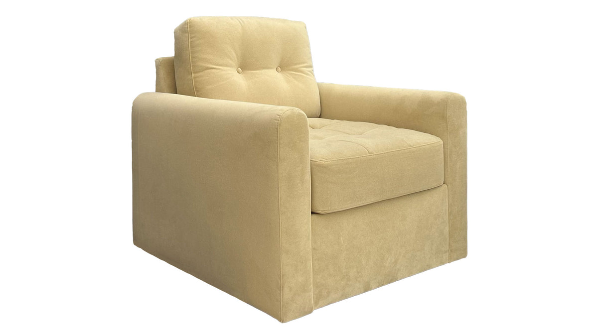 Sillón giratorio con capitoné en color canario | Sillón auxiliar cilíndrico de terciopelo | Gallery Furniture