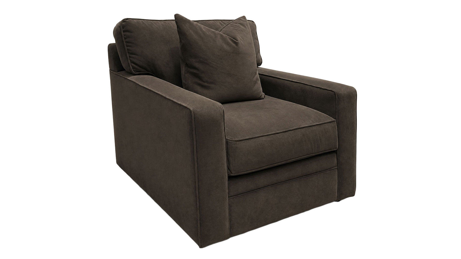 A dark brown upholstered armchair with a matching back cushion, shown at a three-quarter angle on a plain white background.