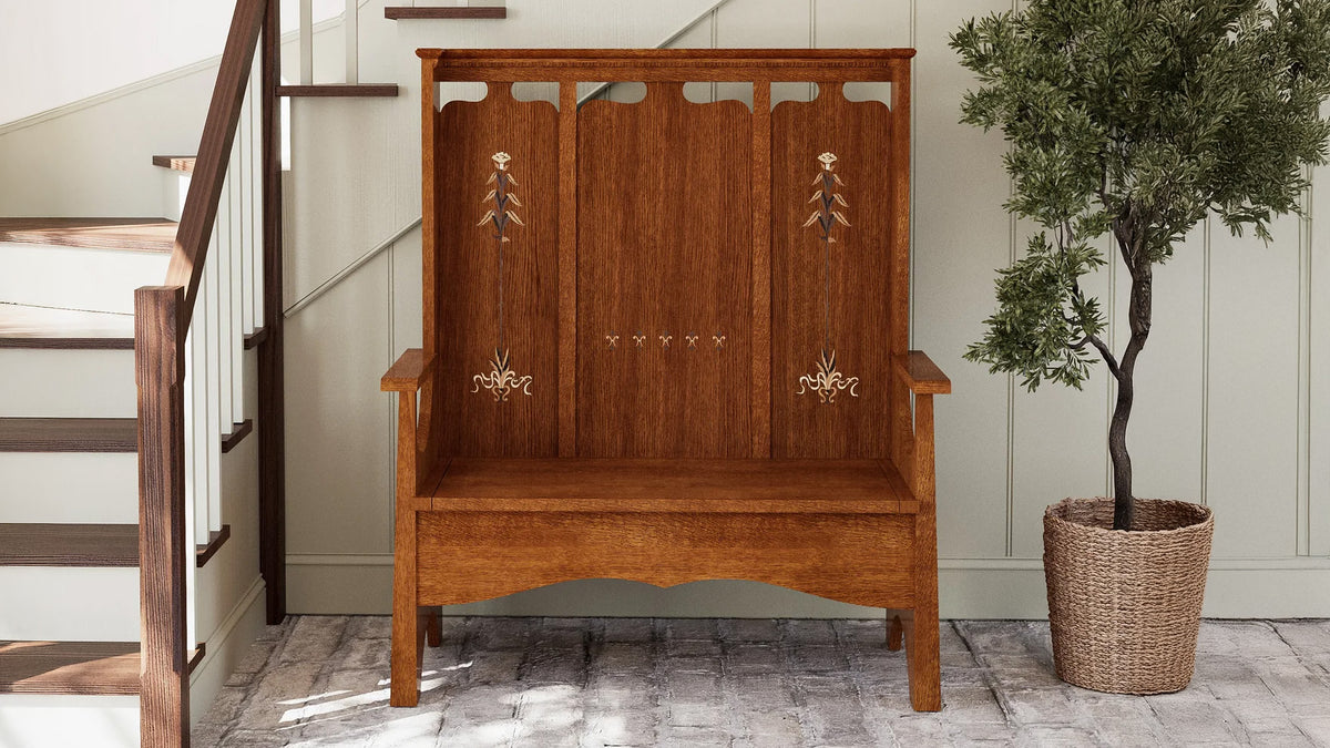 Stickley 125th Anniversary Onondaga Fireside Bench - Solid Wood Storage Bench with Carved Tree Details - Made in USA