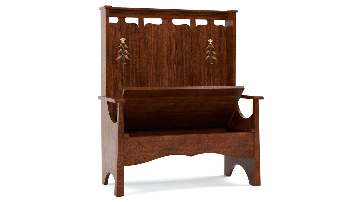 Stickley 125th Anniversary Centennial Fireside Bench - Solid Wood Storage Bench with Carved Tree Details - Made in USA
