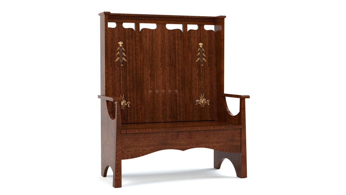 Stickley 125th Anniversary Centennial Fireside Bench - Solid Wood Storage Bench with Carved Tree Details - Made in USA