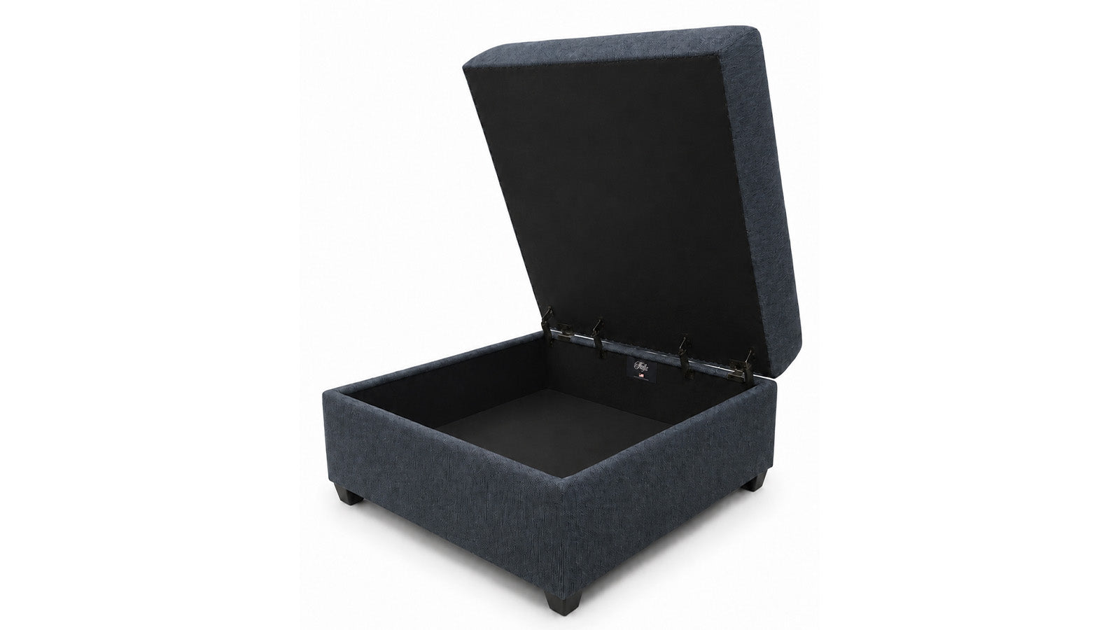 A dark gray upholstered storage ottoman with its lid open, showing a spacious interior storage compartment, set against a plain white background.