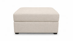 A square upholstered ottoman in a light beige fabric, shown from the front against a plain white background.