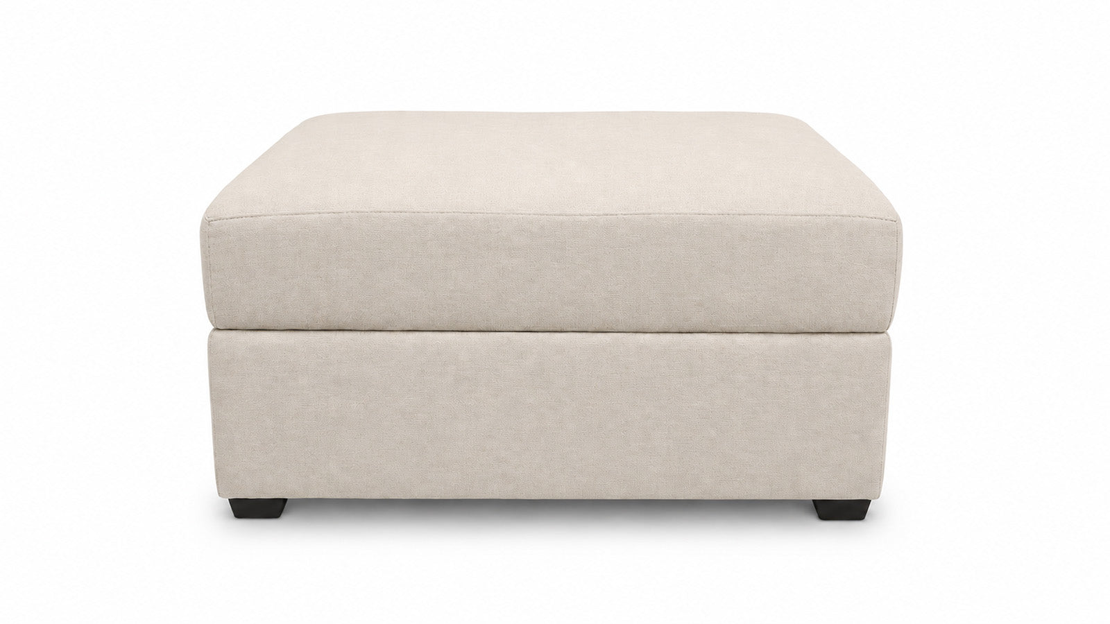 A square upholstered ottoman in a light beige fabric, shown from the front against a plain white background.