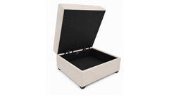 An upholstered storage ottoman with a lift-up lid, shown in a light beige fabric with a black interior, isolated on a white background.