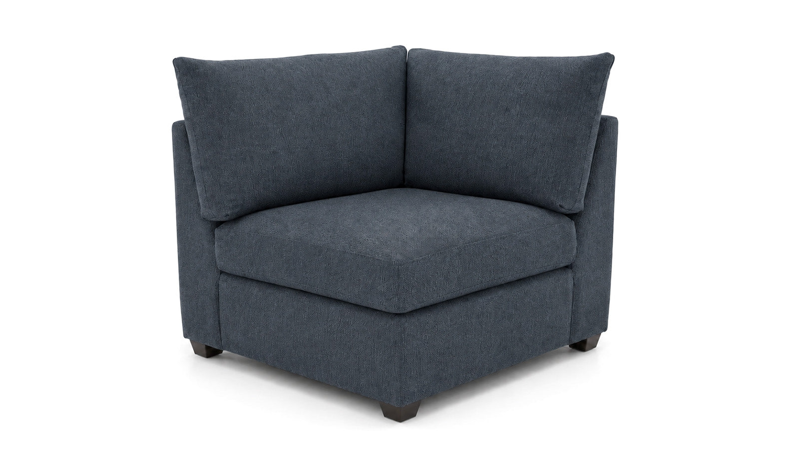 A dark blue upholstered corner armchair with a low boxy seat and two back cushions, shown on a plain white background.