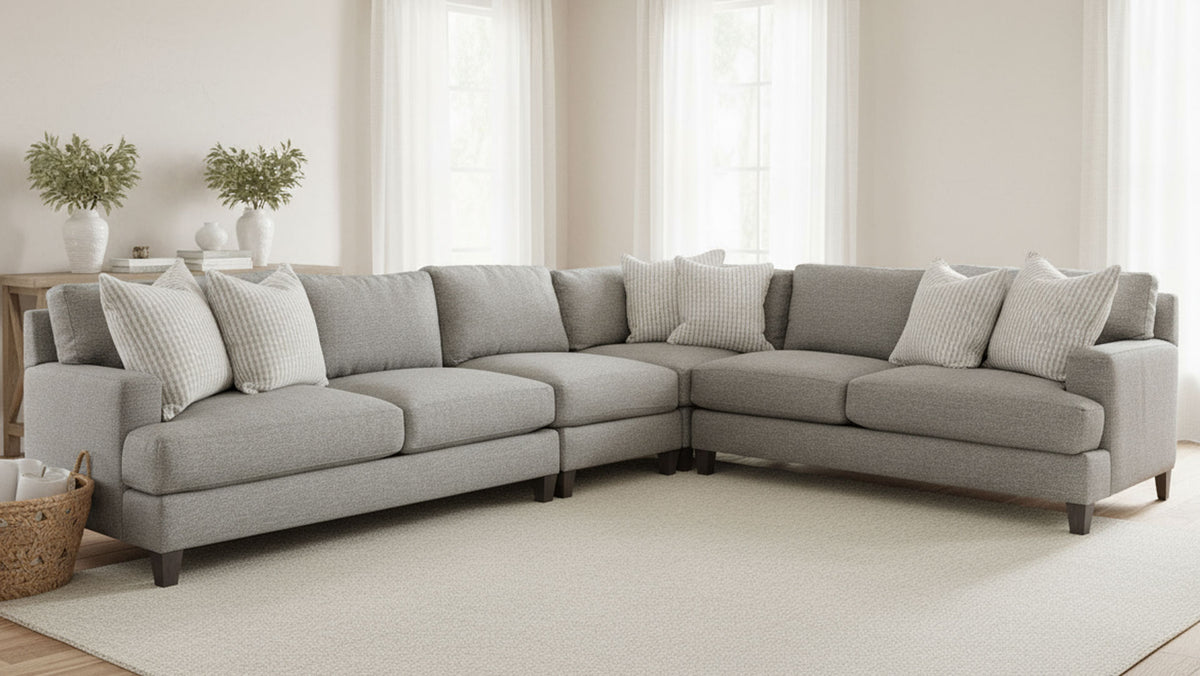 4pc Mila Sectional by Bernhardt - Contemporary Light Gray Sectional with Striped Pillows - Made in USA