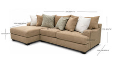 A beige sectional sofa with multiple throw pillows shown on a white background with overlaid dimension lines and text indicating measurements such as total width, seat height, and arm height.