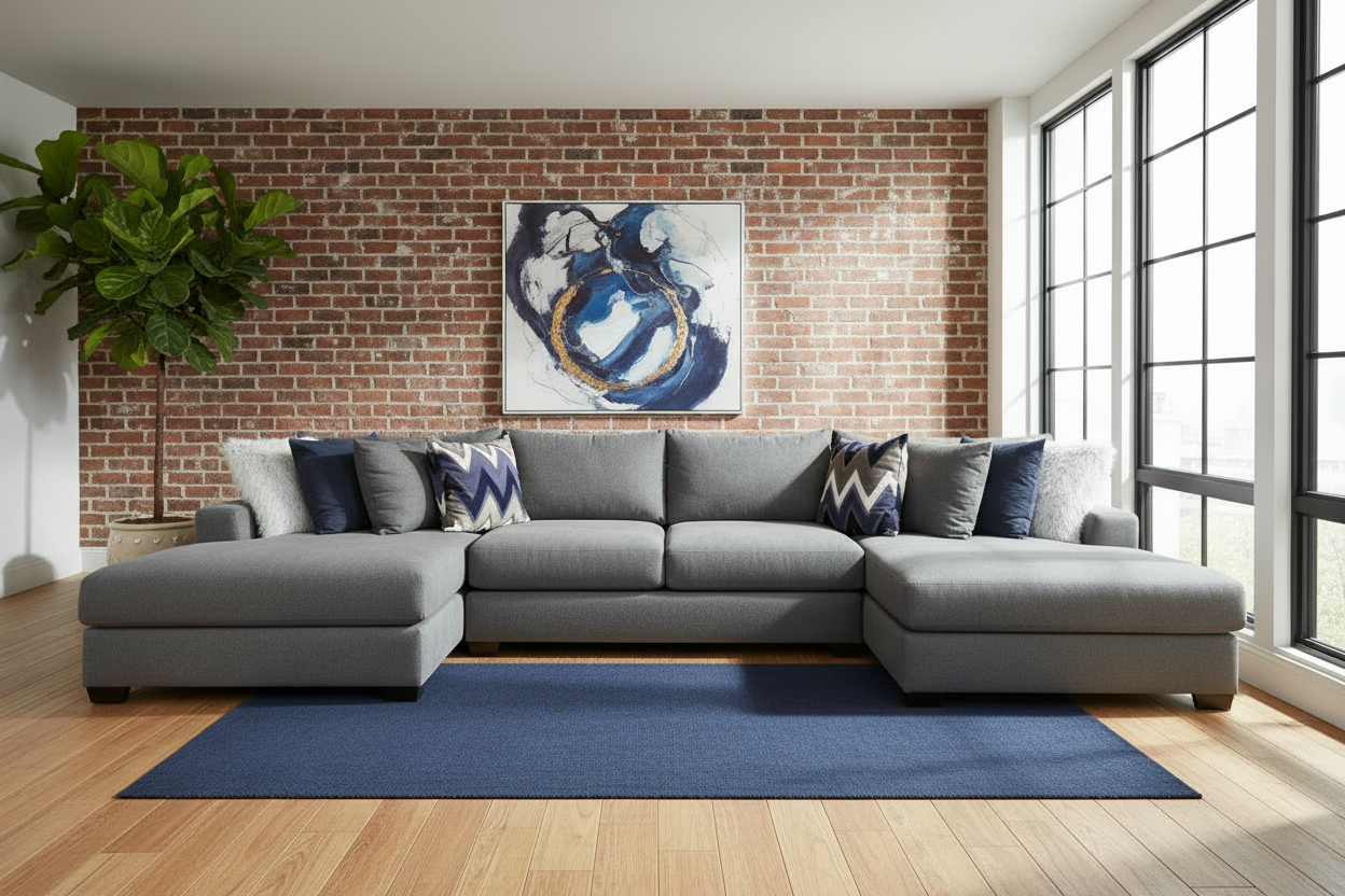 Gray sectional sofa in a room with a brick wall and large windows.