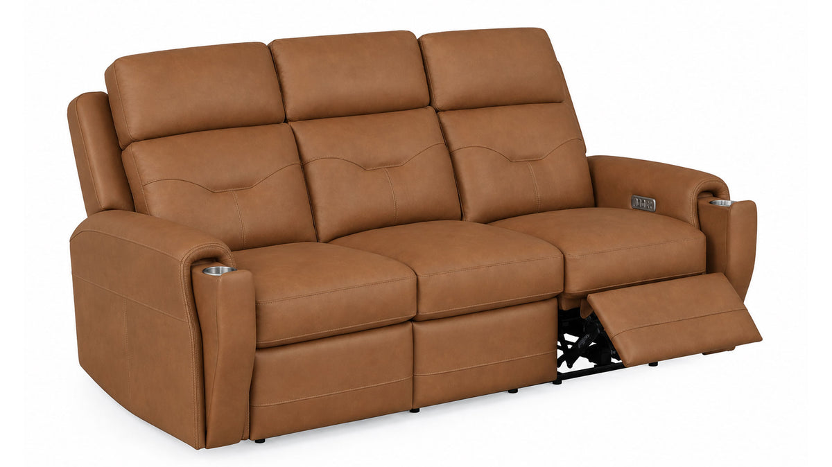 A three-seat power reclining sofa upholstered in warm tan leather, shown with the front right seat extended on a plain white background.