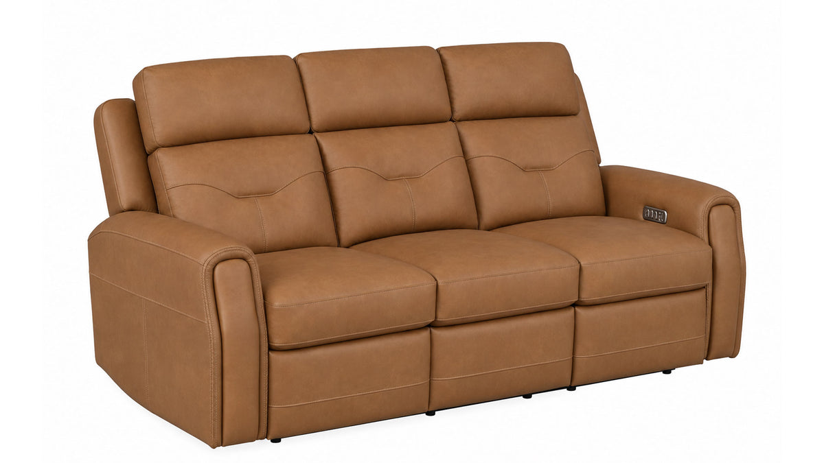 A three-seat power reclining loveseat sofa upholstered in smooth tan leather, shown from a three-quarter angle against a plain white background.