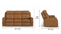 Brown leather reclining loveseat shown on a white background with dimension callouts: 86 inches width, 44 inches height, and 39 inches depth.