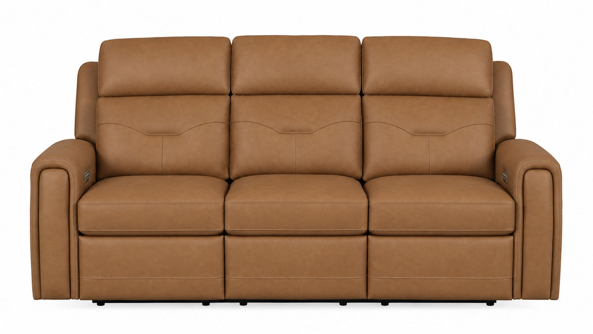 A three-seat power reclining sofa upholstered in tan leather, shown from a front-facing perspective against a solid white background.