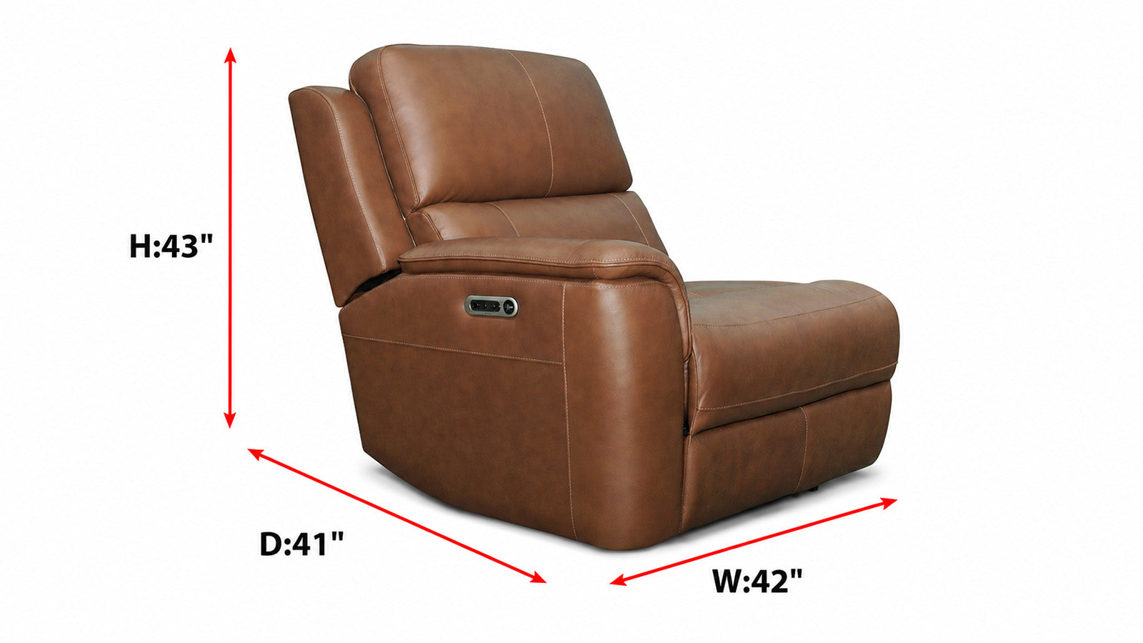 Brown leather recliner chair with dimensions marked on a white background