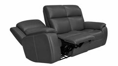 A dark gray leather reclining loveseat with a power recliner mechanism extended, shown against a plain white background.