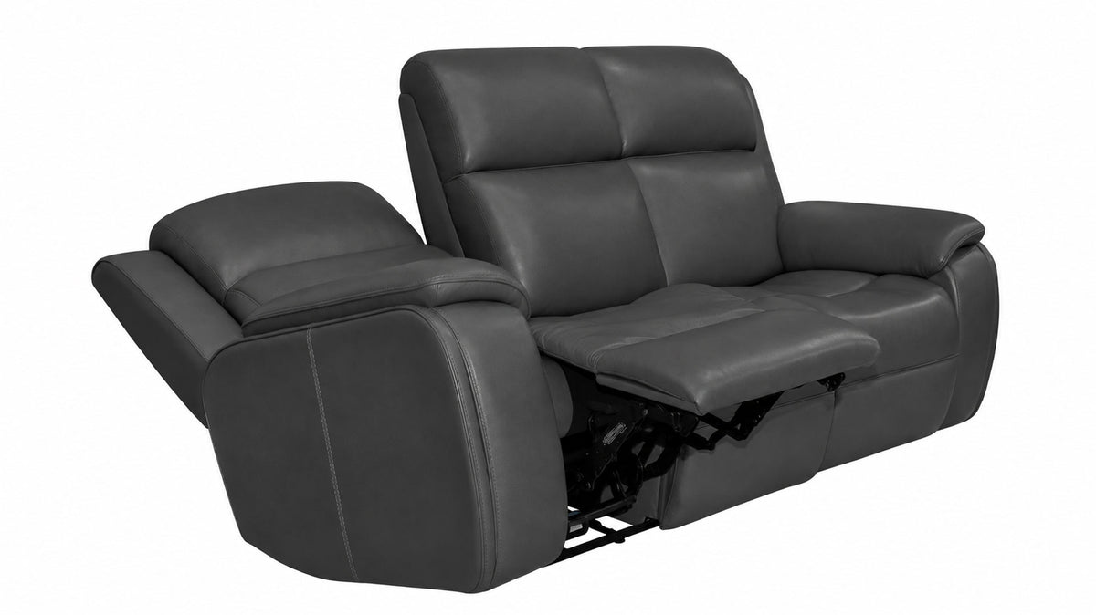 A dark gray leather reclining loveseat with a power recliner mechanism extended, shown against a plain white background.