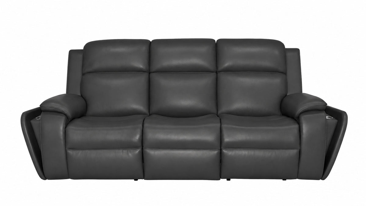 A three-seat power reclining sofa upholstered in dark charcoal gray leather, shown from a front-facing perspective against a solid white background.