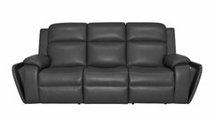 A three-seat power reclining sofa upholstered in dark charcoal gray leather, shown from a front-facing perspective against a solid white background.