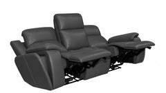 A three-seat recliner sofa in dark gray leather, shown with the center and right seats extended, on a plain white background.