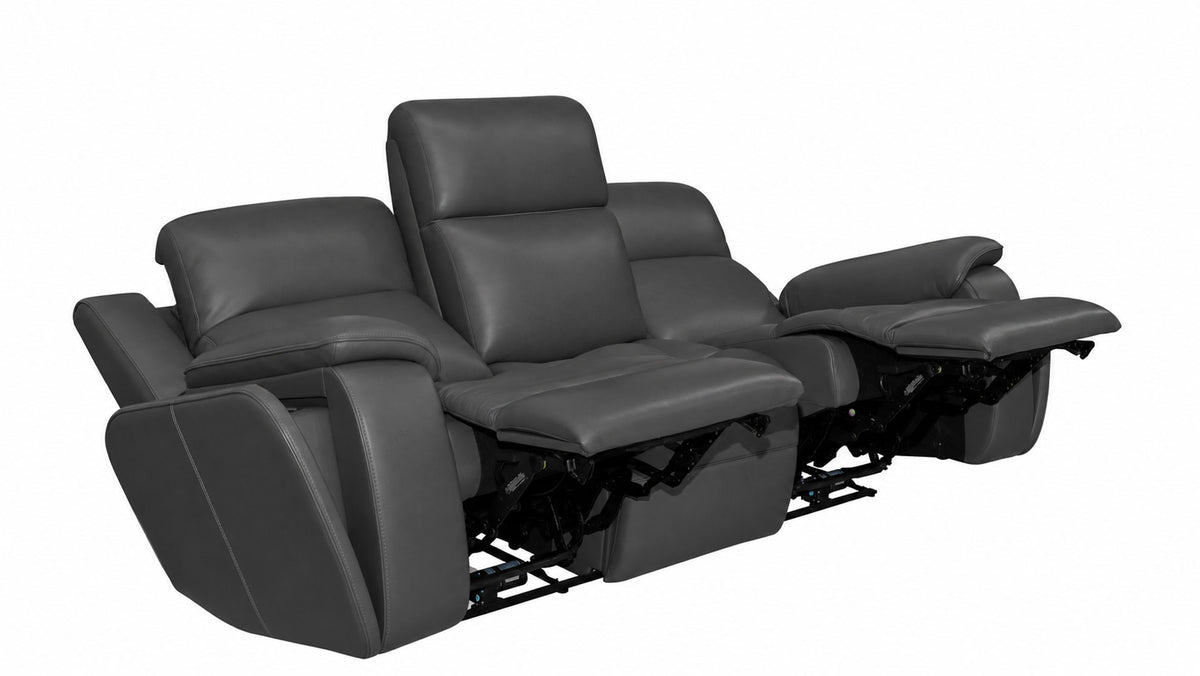A three-seat recliner sofa in dark gray leather, shown with the center and right seats extended, on a plain white background.