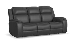 A three-seat black leather reclining sofa with padded back cushions and wide armrests, shown on a clean white background.