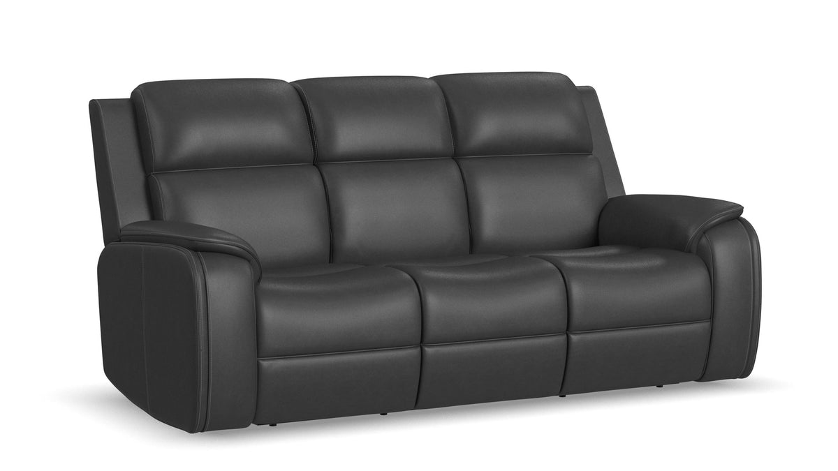 A three-seat black leather reclining sofa with padded back cushions and wide armrests, shown on a clean white background.