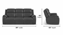 Black leather reclining three-seat sofa shown from the front and side on a white background, with dimension labels indicating 89 inches width, 44 inches height, and 43 inches depth.