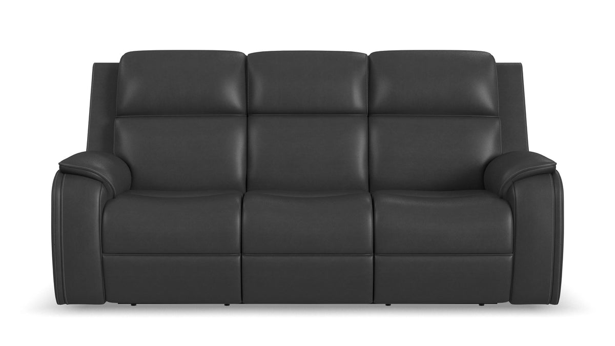 A three-seat power reclining sofa upholstered in black leather, shown from a front-facing perspective against a plain white background.