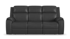 A three-seat power reclining sofa upholstered in black leather, shown from a front-facing perspective against a plain white background.