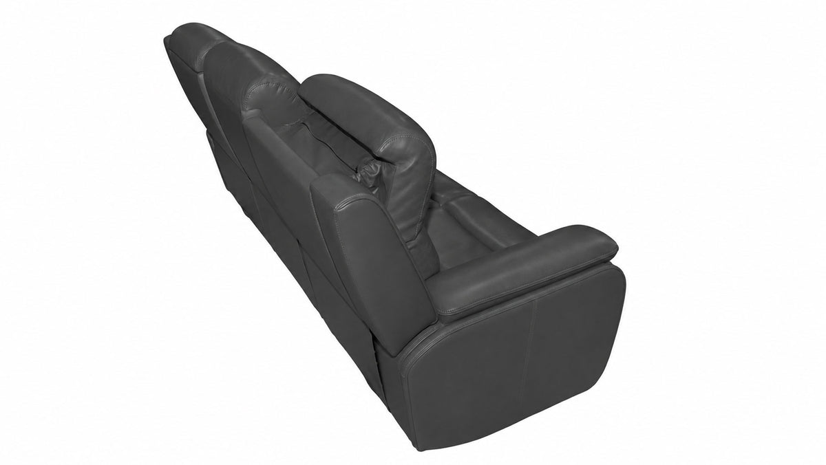 A dark gray leather reclining loveseat with a center armrest and cup holders, shown from an elevated angle on a plain white background.