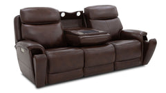 A dark brown leather reclining loveseat with a center console tray table, cup holders, and side armrests, shown on a plain white background.