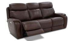 A three-seat power reclining leather sofa in dark brown, with the left side recliner extended, shown on a white background.