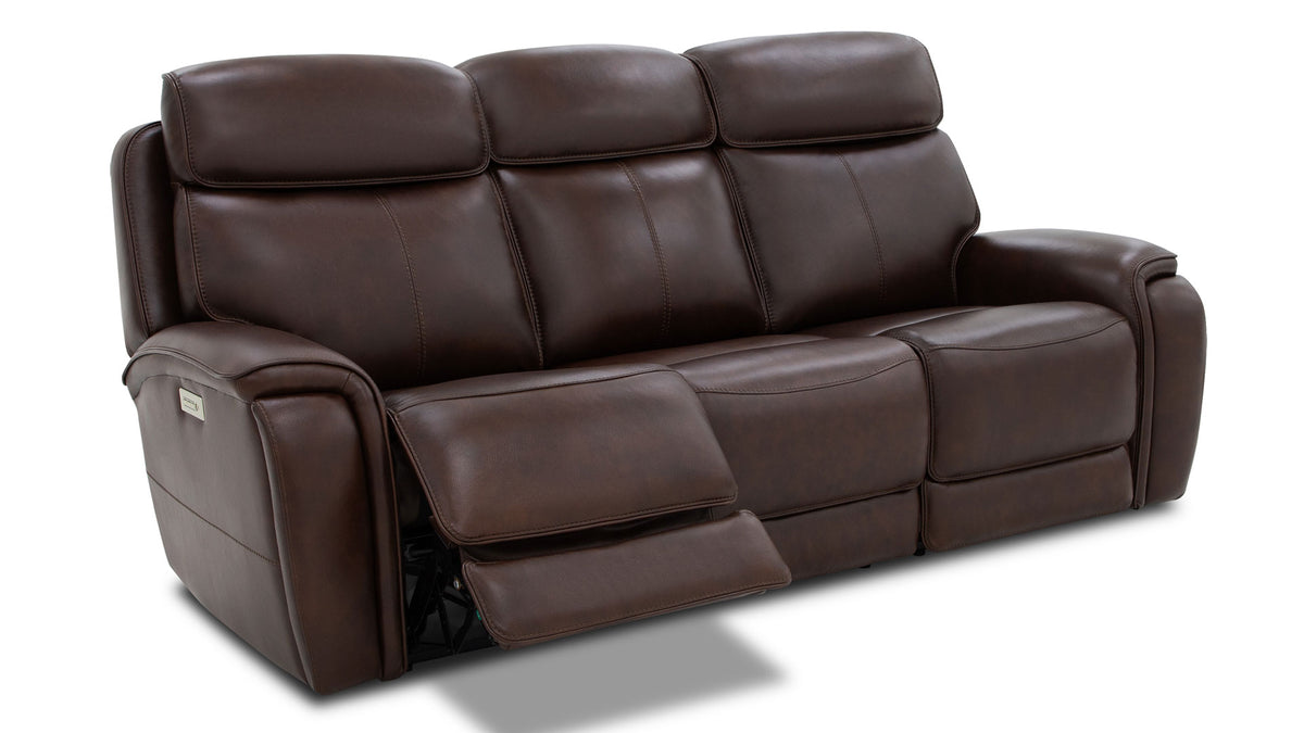A three-seat power reclining leather sofa in dark brown, with the left side recliner extended, shown on a white background.